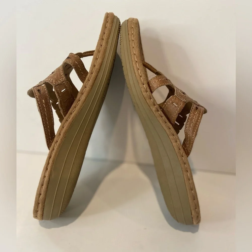 Michel Meynard~Comfy~Tan Leather~Cut-Out Triple Strap~Thong Wedge Sandal~Size 10 - Picture 9 of 12